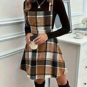 Plaid Pinafore Dress - Brown and Black
